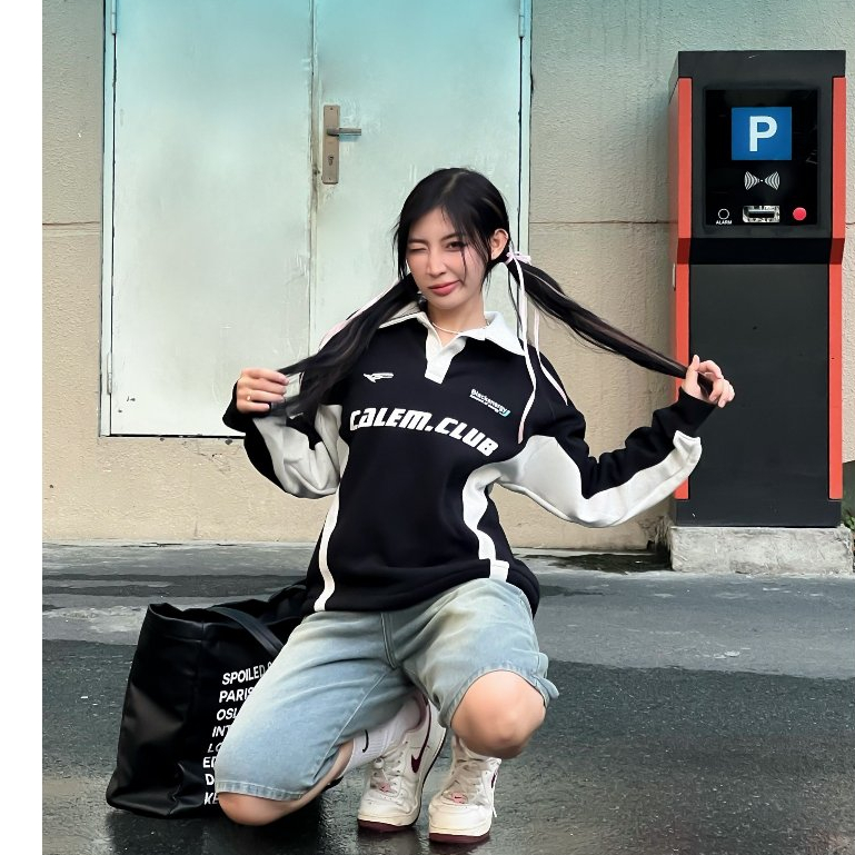 Calem Club - Áo Polo Tay dài nỉ lót bông phối màu dây rút form BOXY