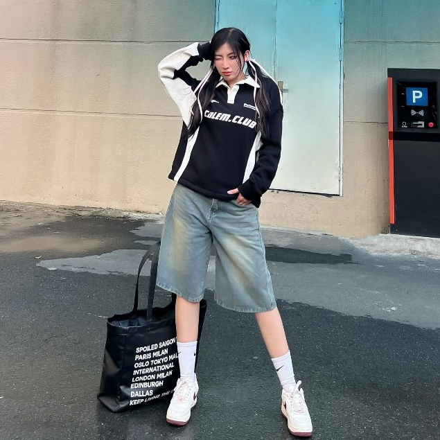 Calem Club - Áo Polo Tay dài nỉ lót bông phối màu dây rút form BOXY