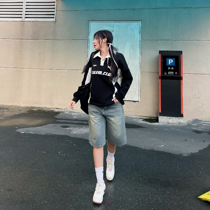 Calem Club - Áo Polo Tay dài nỉ lót bông phối màu dây rút form BOXY