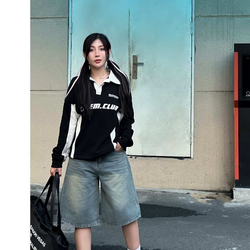 Calem Club - Áo Polo Tay dài nỉ lót bông phối màu dây rút form BOXY