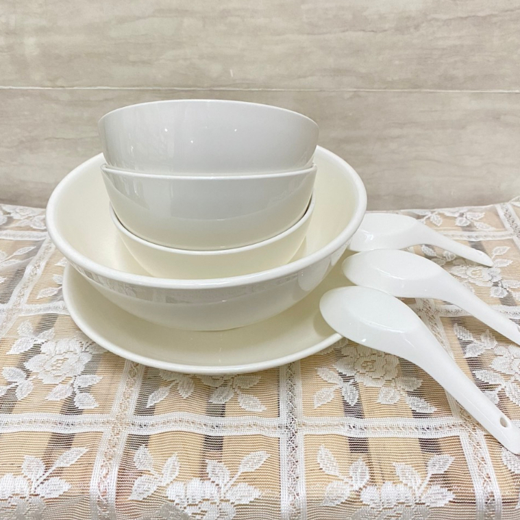 [Set 7 món: 1 tô + 2 chén + 1 dĩa + 3 muỗng sứ] Bộ chén dĩa sứ ăn cơm full trắng cho gia đình .