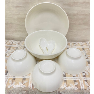 [Set 7 món: 1 tô + 2 chén + 1 dĩa + 3 muỗng sứ] Bộ chén dĩa sứ ăn cơm full trắng cho gia đình .