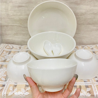 [Set 7 món: 1 tô + 2 chén + 1 dĩa + 3 muỗng sứ] Bộ chén dĩa sứ ăn cơm full trắng cho gia đình .
