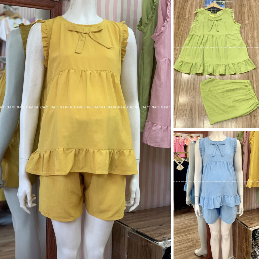 Đồ bộ bầu mặc nhà đùi đũi lụa cao cấp thoáng mát dễ thương cho mẹ trẻ free size 40-70kg có lưng thun điều