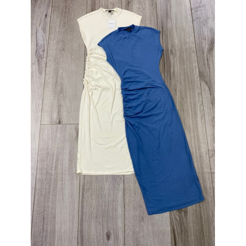 Đầm bodycon rút dây F21 xanh/trắng | Ruched Bodycon Midi Dress