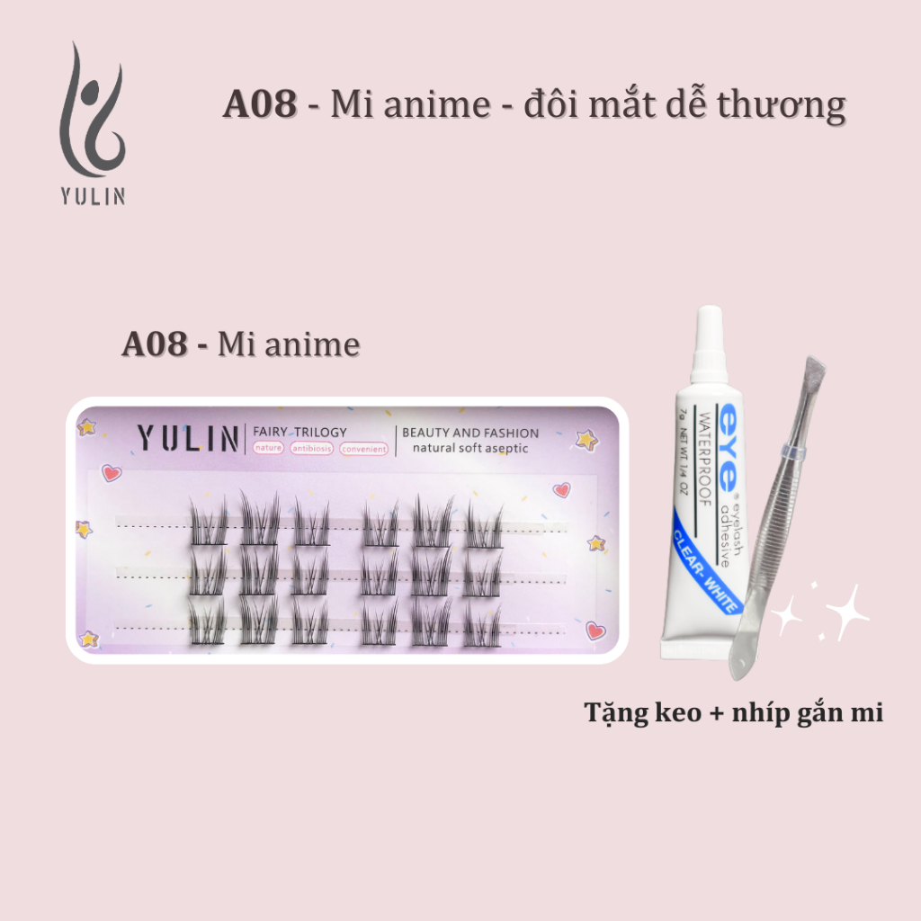 Mi giả tách sợi siêu mảnh và tự nhiên YULIN mã A08, mi tách sợi tặng kèm keo và kẹp lấy