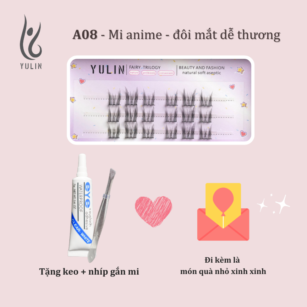 Mi giả tách sợi siêu mảnh và tự nhiên YULIN mã A08, mi tách sợi tặng kèm keo và kẹp lấy