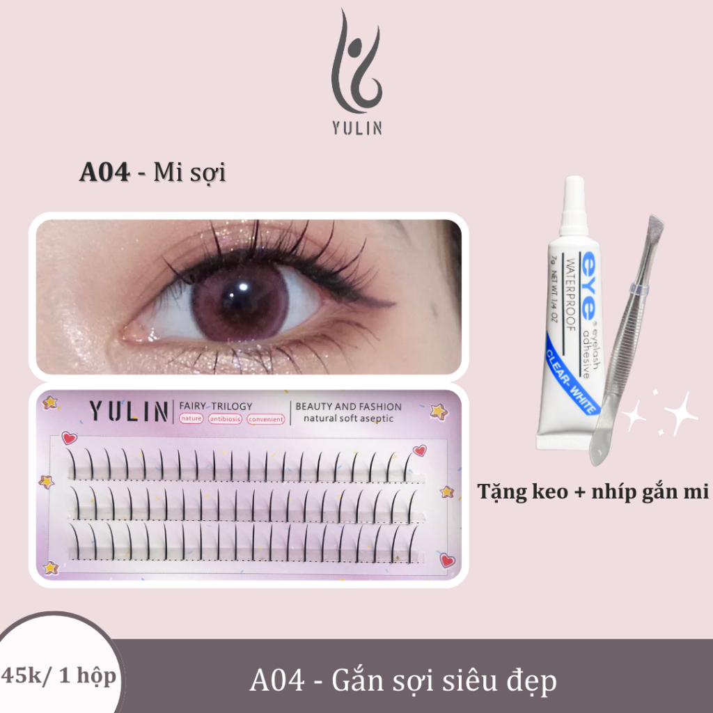 Mi giả tách sợi siêu mảnh và tự nhiên YULIN, mi tách sợi tặng kèm keo và kẹp lấy