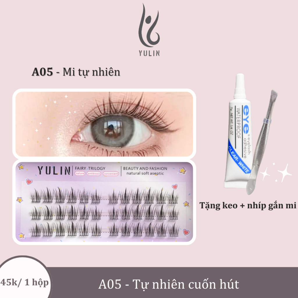 Mi giả tách sợi siêu mảnh và tự nhiên YULIN, mi tách sợi tặng kèm keo và kẹp lấy