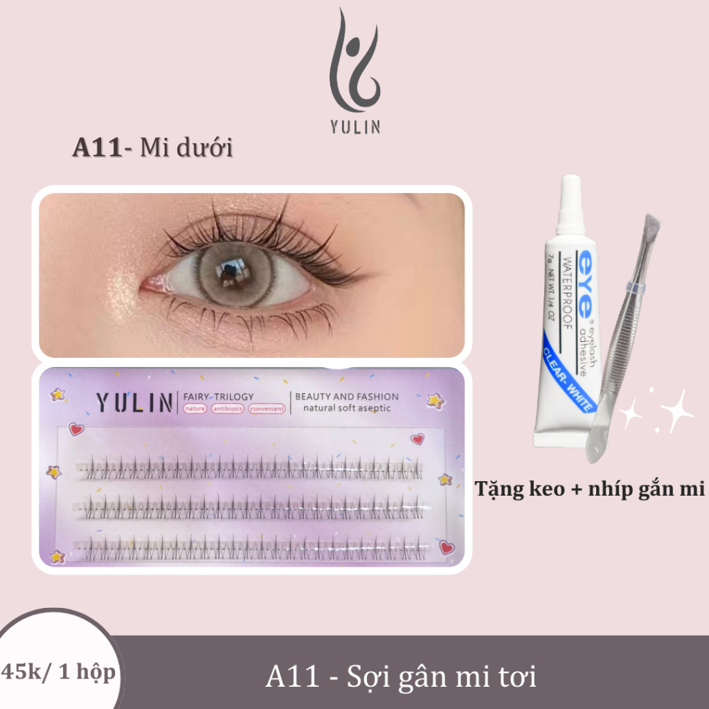 Mi giả tách sợi siêu mảnh và tự nhiên YULIN mã A11 , mi tách sợi tặng kèm keo và kẹp lấy