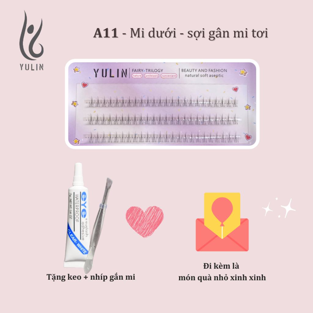 Mi giả tách sợi siêu mảnh và tự nhiên YULIN mã A11 , mi tách sợi tặng kèm keo và kẹp lấy