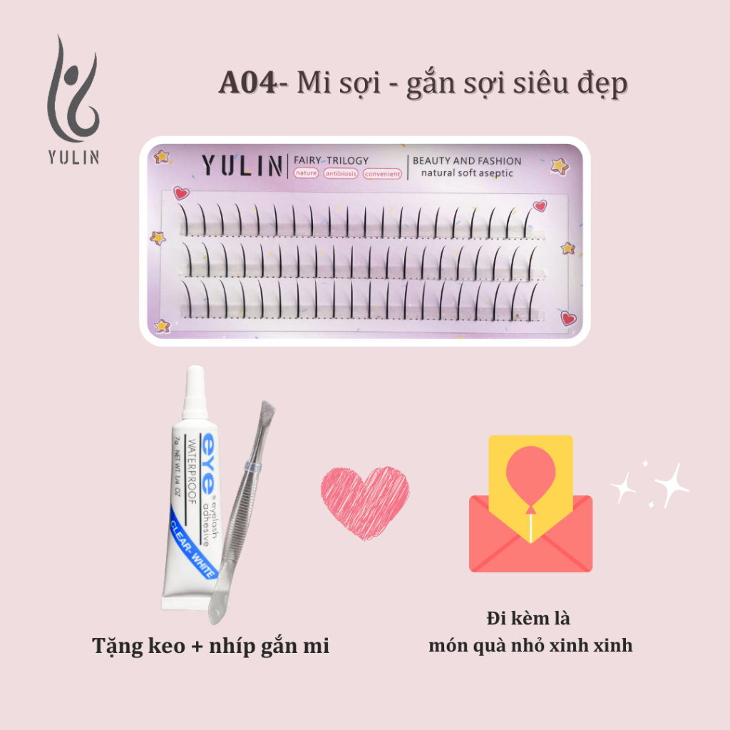Mi giả tách sợi siêu mảnh và tự nhiên YULIN mã A04, mi tách sợi tặng kèm keo và kẹp lấy