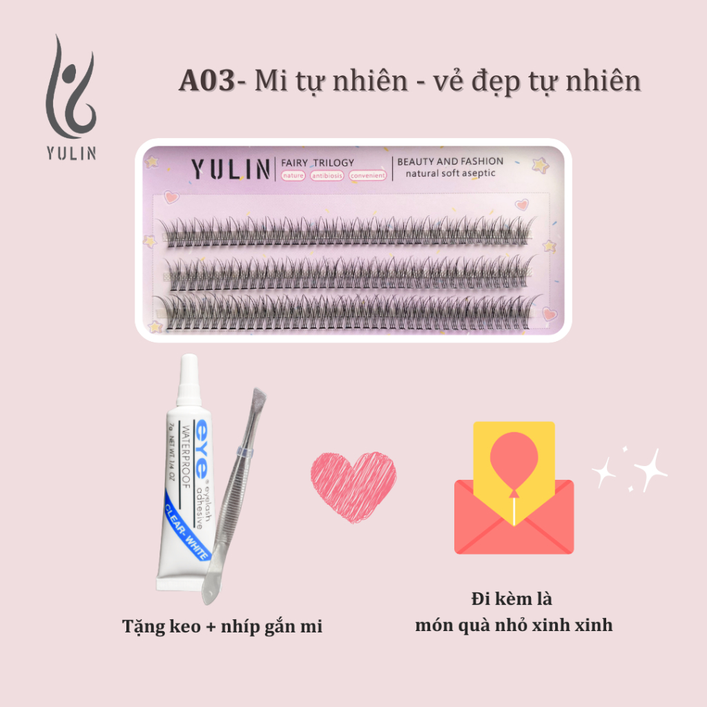 Mi giả tách sợi siêu mảnh và tự nhiên YULIN mã A03, mi tách sợi tặng kèm keo và kẹp lấy