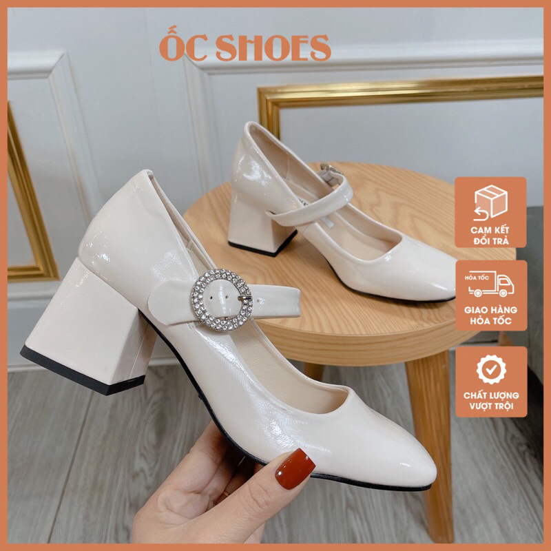 Giày cao gót mary jane quai ngang gắn đá 2 màu, giày mũi vuông gót vuông 5cm mã 1099