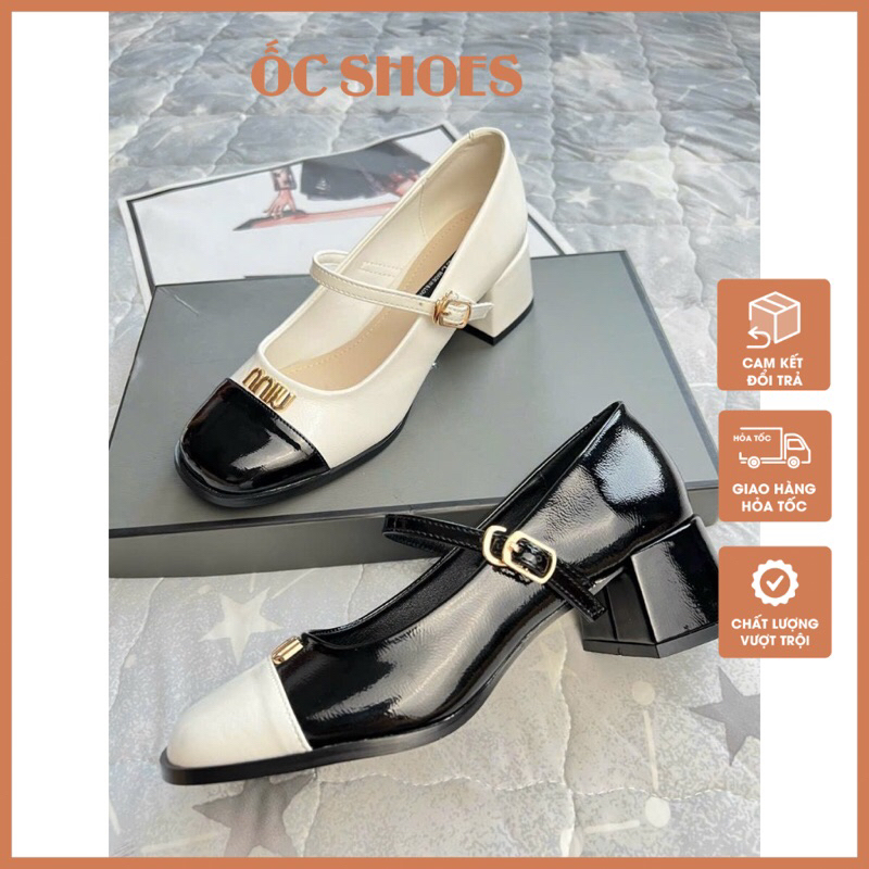 Giày mũi vuông vá mũi 2 màu, giày kín gót gót vuông 3cm
