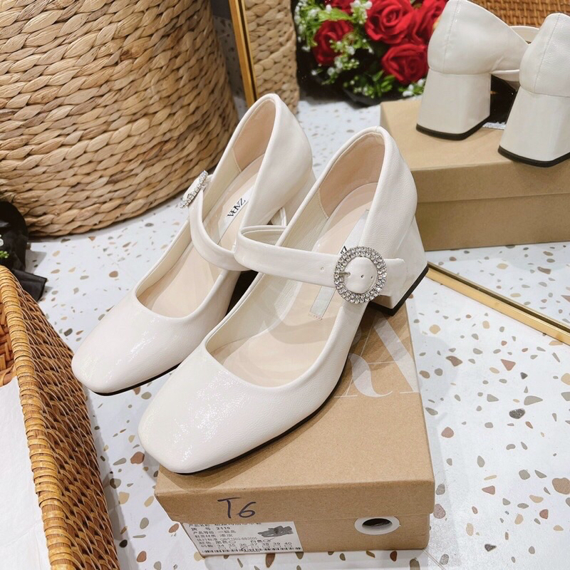 Giày cao gót mary jane quai ngang gắn đá 2 màu, giày mũi vuông gót vuông 5cm mã 1099
