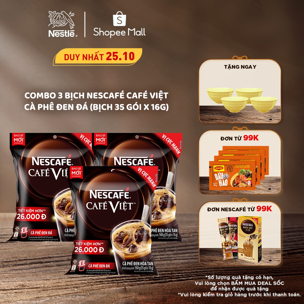 Combo 3 bịch cà phê hòa tan Nescafé café Việt cà phê đen đá (Bịch 35 gói x 16g)
