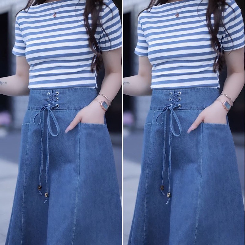 Chân váy jean có cúc dây rút cho nàng