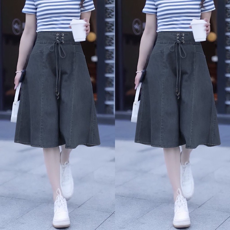 Chân váy jean có cúc dây rút cho nàng