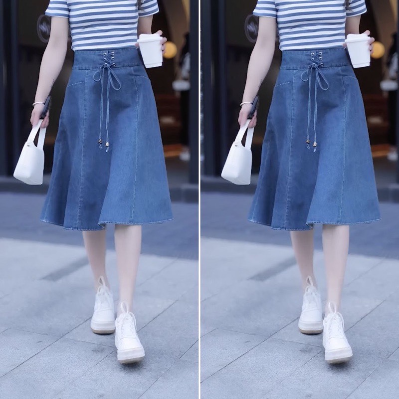 Chân váy jean có cúc dây rút cho nàng