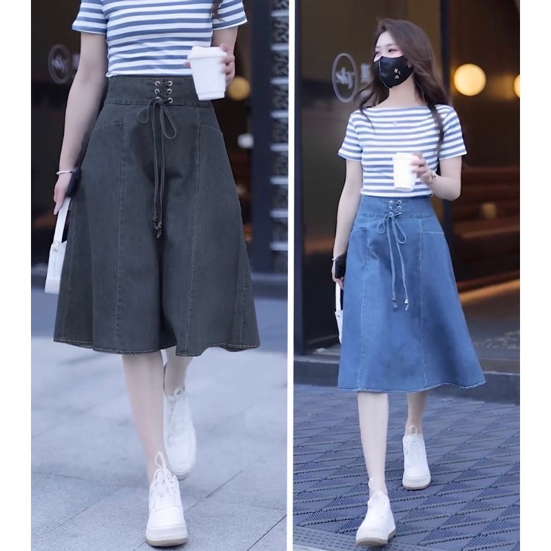 Chân váy jean có cúc dây rút cho nàng