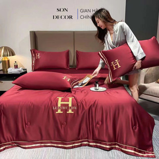 Bộ chăn ga gối phi lụa thêu chữ H - LUXURY, chất liệu mềm mịn, chăn trần hè trần bông, đẳng cấp sang trọng