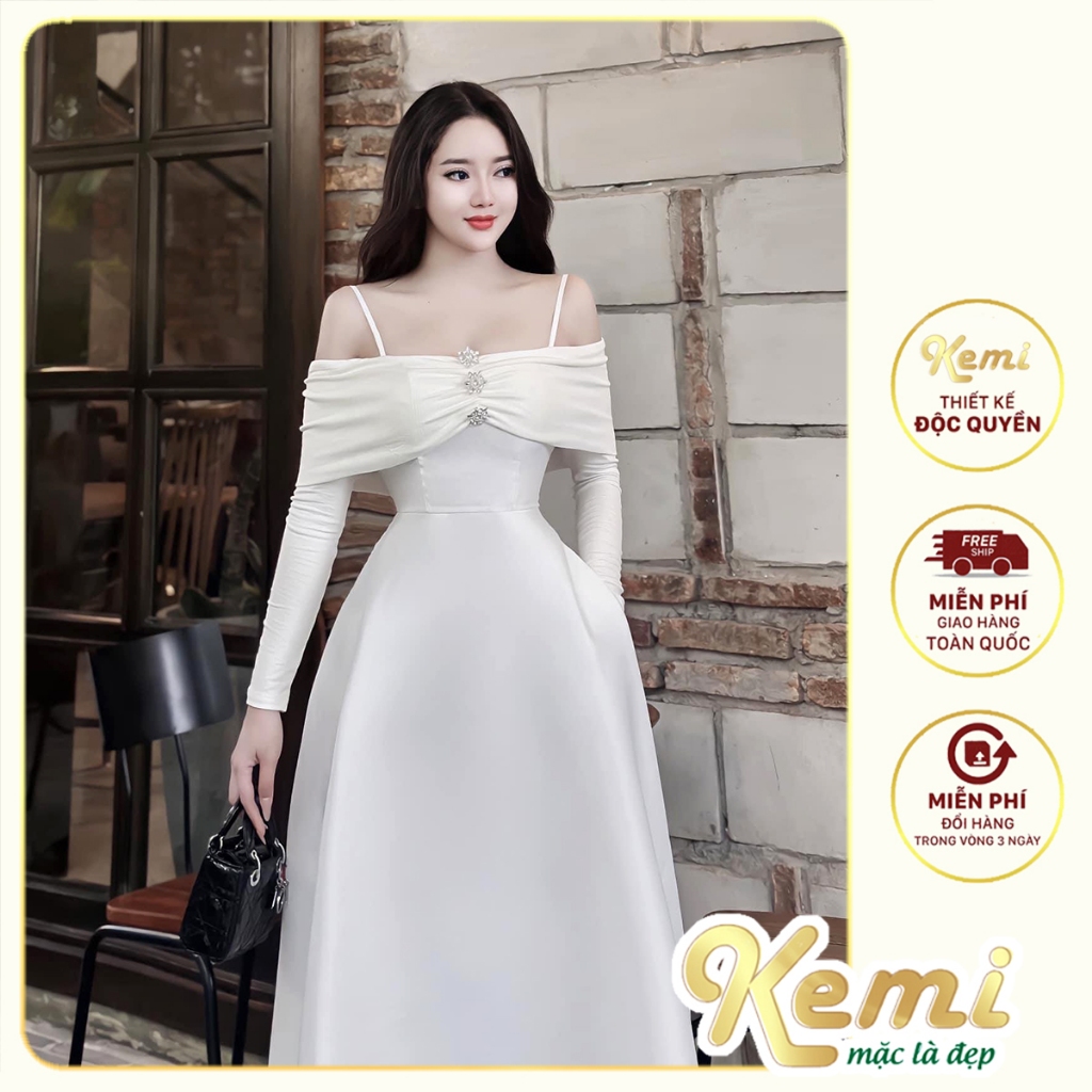 Váy thiết kế 2 dây, đầm midi tay dài kiểu trễ vai kèm tag đá xinh Kemi, mặc dự tiệc style thanh tú