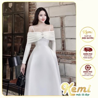 Váy thiết kế 2 dây, đầm midi tay dài kiểu trễ vai kèm tag đá xinh Kemi, mặc dự tiệc style thanh tú