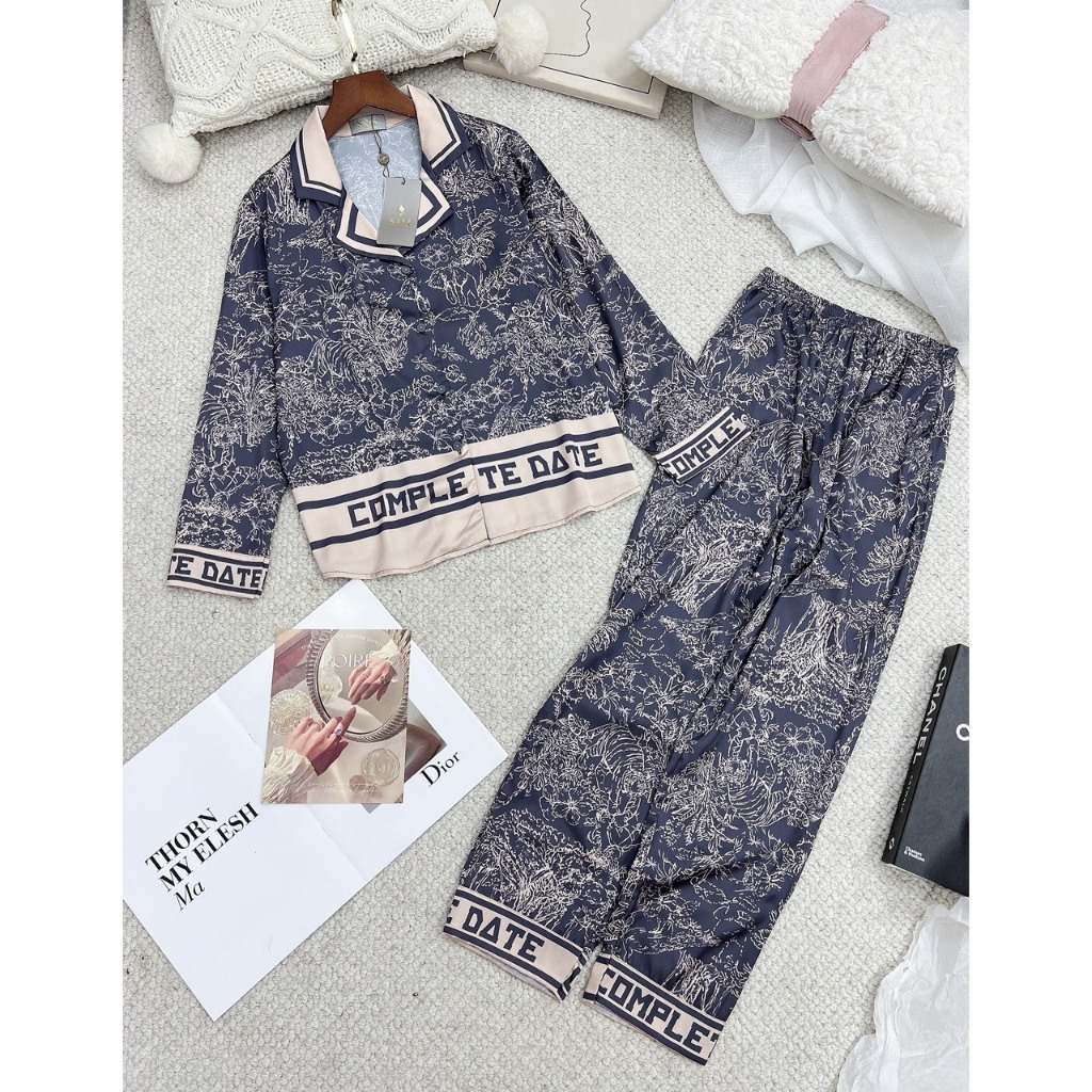 Bộ mặc nhà Sam, pijama lụa dáng dài luxury chất mềm thoáng mát nhẹ nhàng, họa tiết hình siêu sang chảnh