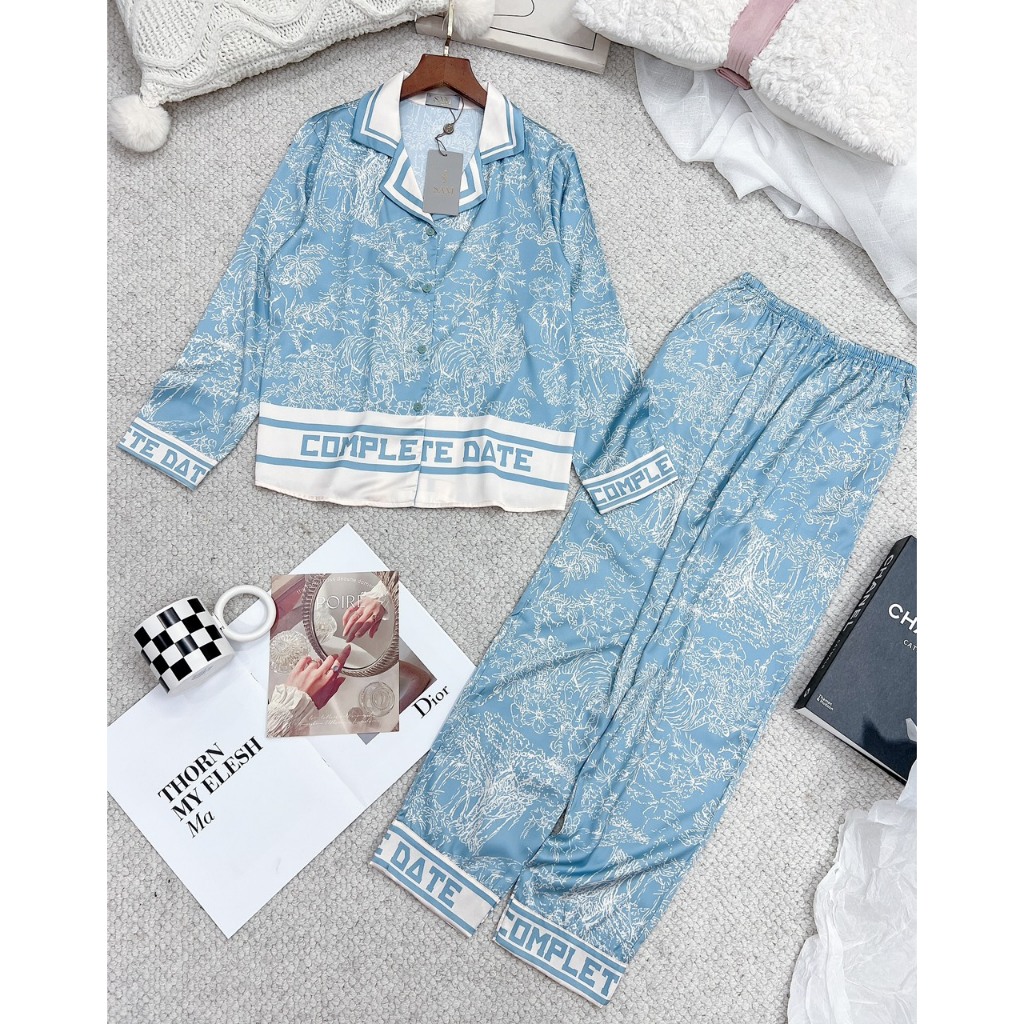 Bộ mặc nhà Sam, pijama lụa dáng dài luxury chất mềm thoáng mát nhẹ nhàng, họa tiết hình siêu sang chảnh