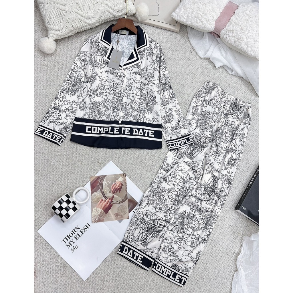 Bộ mặc nhà Sam, pijama lụa dáng dài luxury chất mềm thoáng mát nhẹ nhàng, họa tiết hình siêu sang chảnh