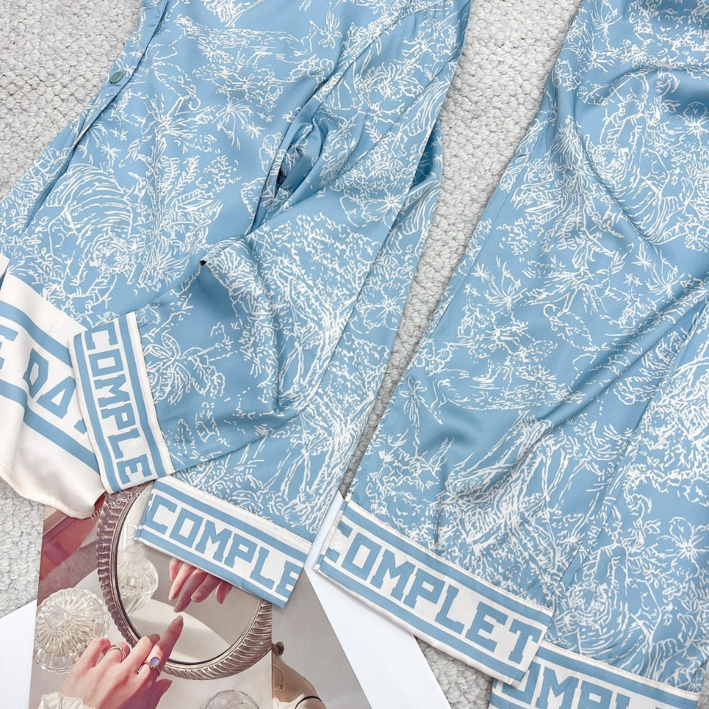 Bộ mặc nhà Sam, pijama lụa dáng dài luxury chất mềm thoáng mát nhẹ nhàng, họa tiết hình siêu sang chảnh