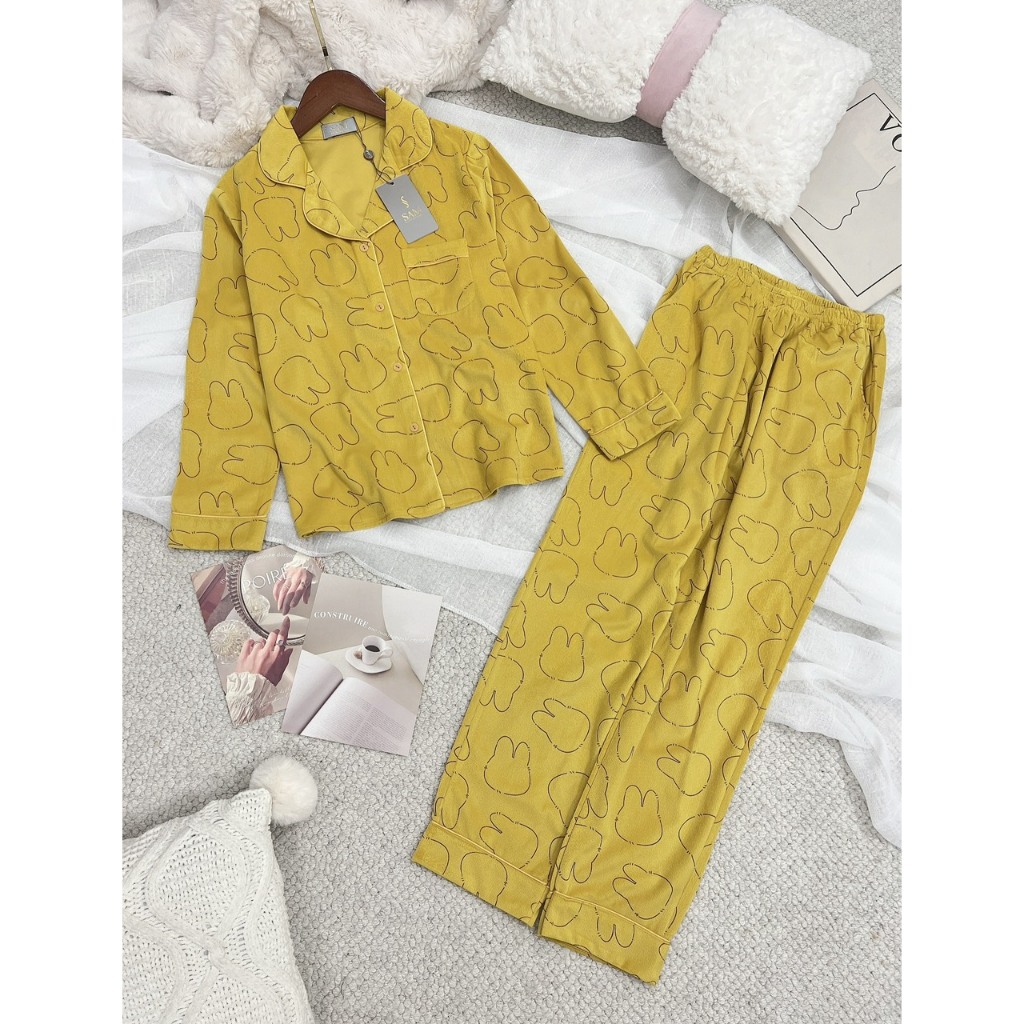 Set pijama Sam nhung tăm cao cấp, họa tiết thỏ cute, kiểu áo dài tay quần dài, chất mềm, dày dặn