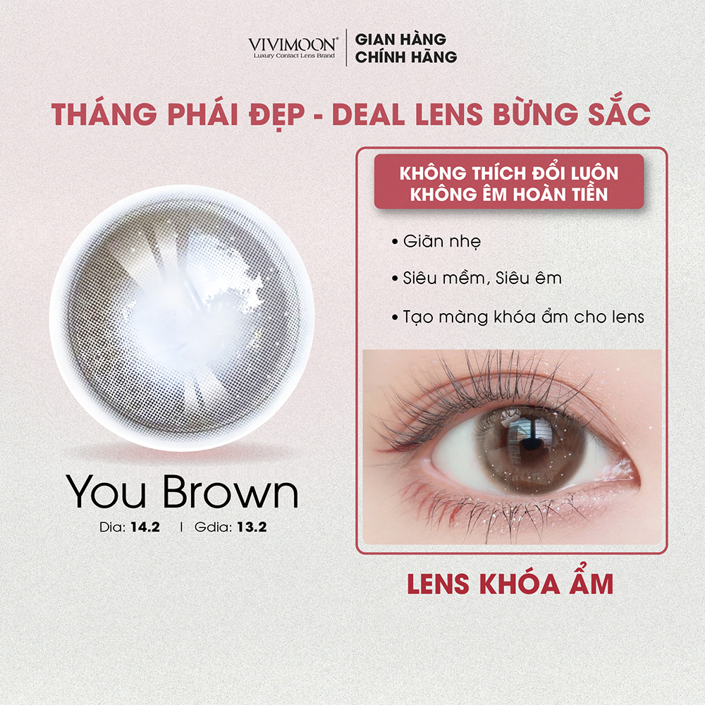 Lens cho mắt thở cận 6 tháng màu nâu vân nhũ You Brown kính áp tròng VIVIMOON