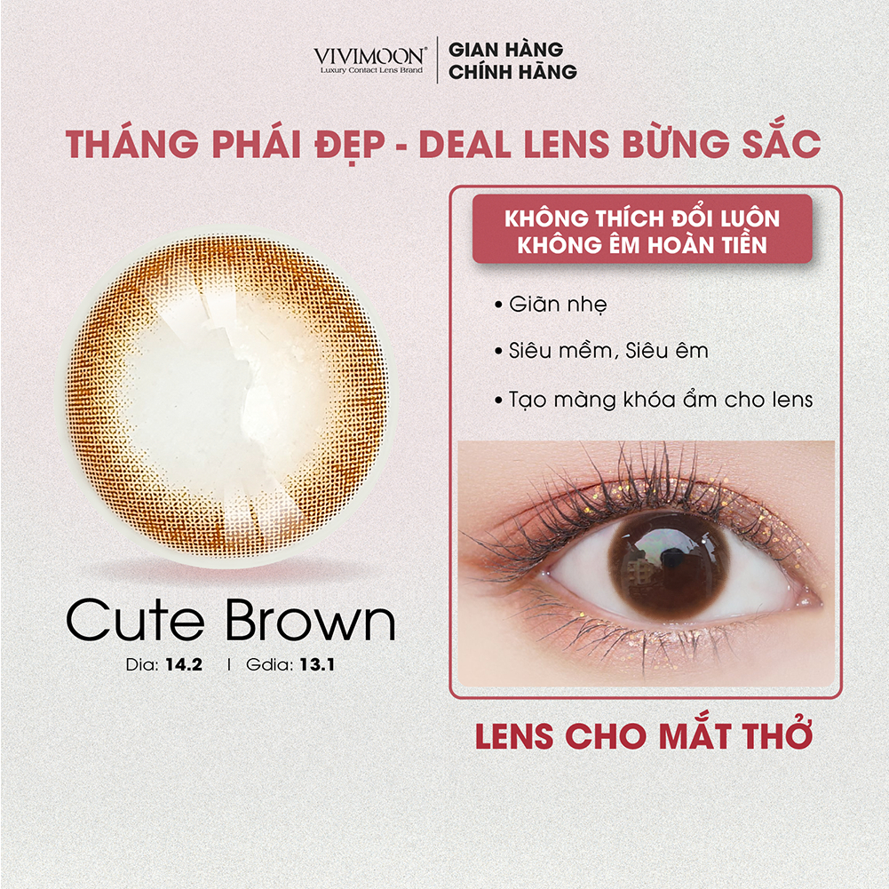 Lens cho mắt thở cận 6 tháng màu nâu tự nhiên Cute Brown kính áp tròng VIVIMOON