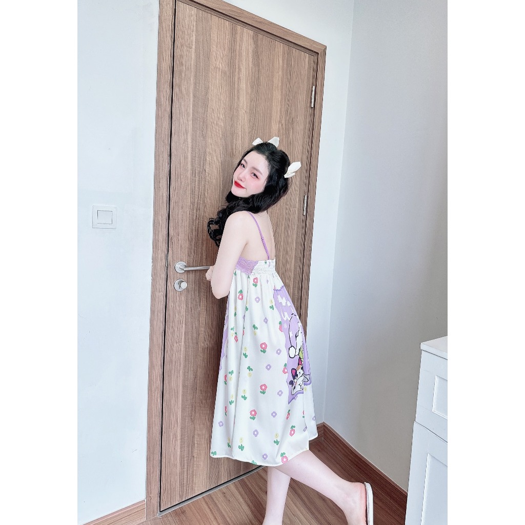 Đầm ngủ 2dây lụa Olicii váy mặc nhà in hình dễ thương phối ren cao cấp.