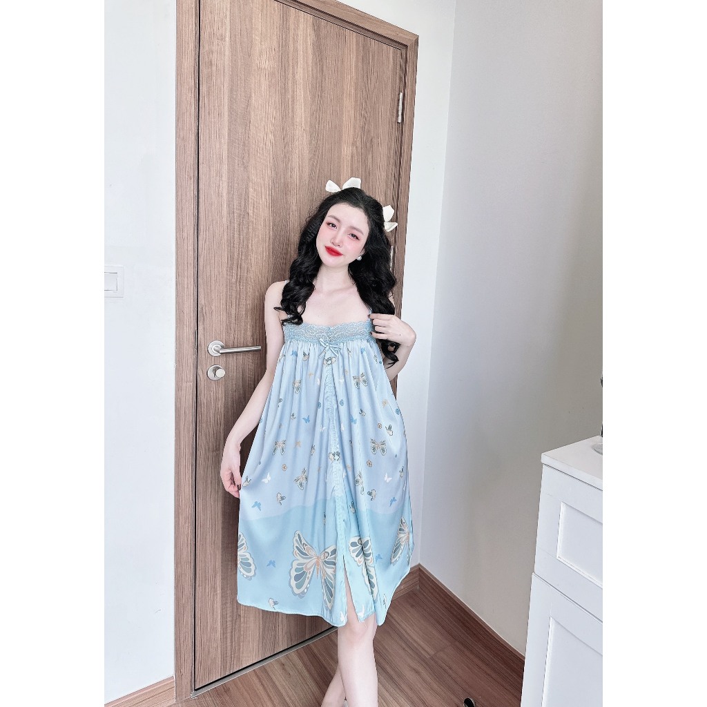 Đầm ngủ 2dây lụa Olicii váy mặc nhà in hình dễ thương phối ren cao cấp.