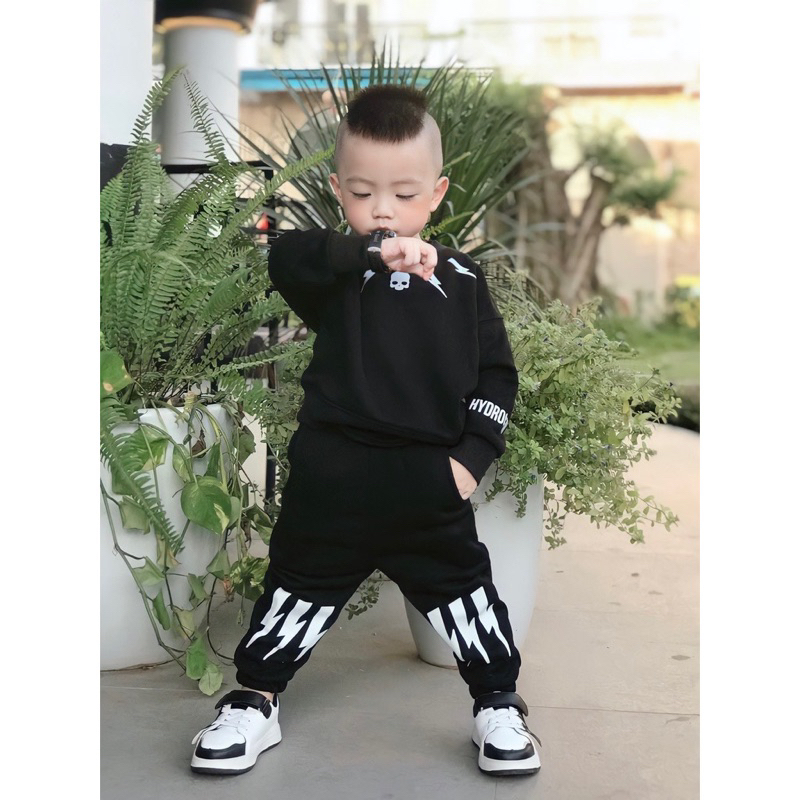 Bộ nỉ da cá đen Hydro tia sét cho bé trai siêu đẹp size từ 12-35 cân