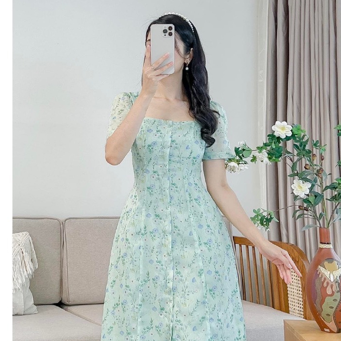 Đầm hoa nhí 2023 , Đầm trễ vai, váy trễ vai đi biển, đi tiệc Chất liệu voan tơ hạt Deloga_official