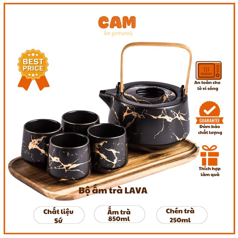 Bộ ấm chén bình trà Sứ LAVA hoa vân Marble hiện đại, sang trọng Phù hợp làm quà tân gia, nhà mới, trang trí