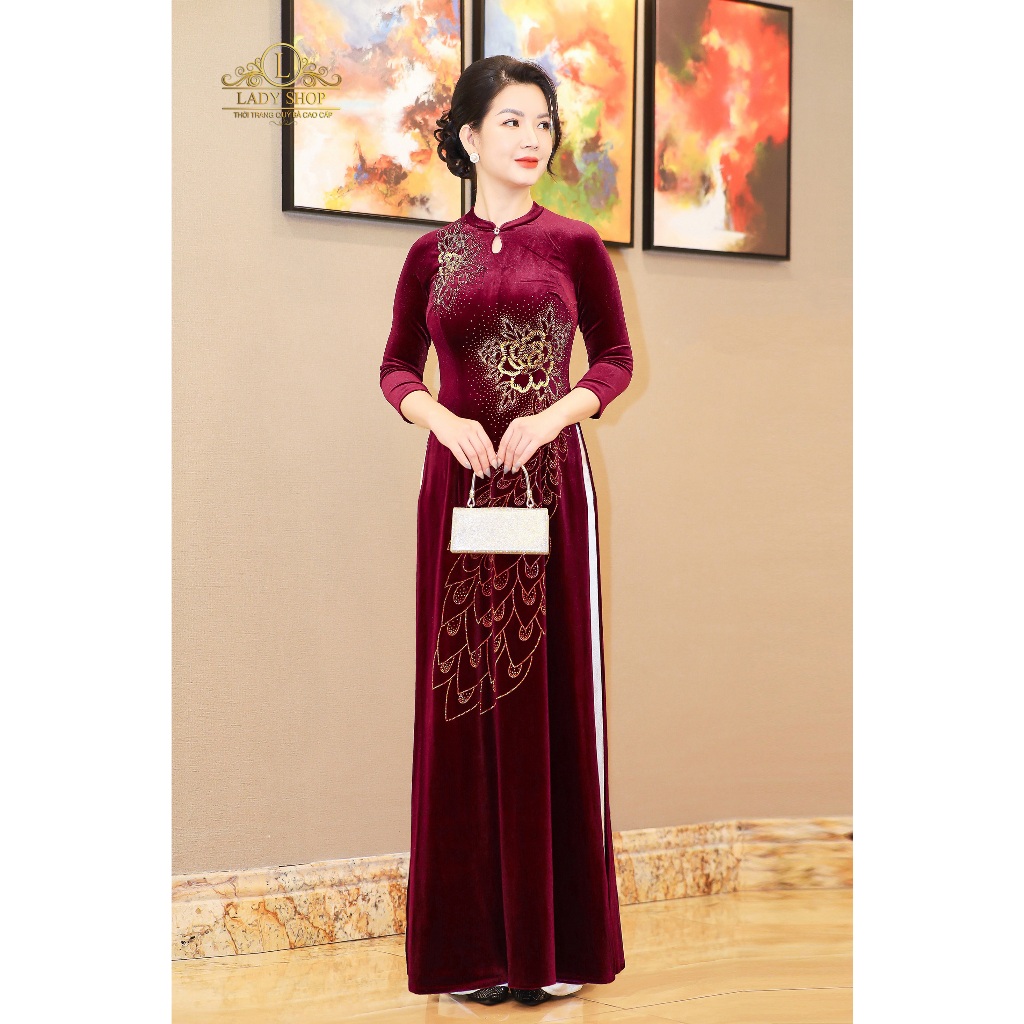 Áo Dài nhung cổ tàu giọt lệ đuôi công Ladyshop thời trang trung niên cao cấp T316