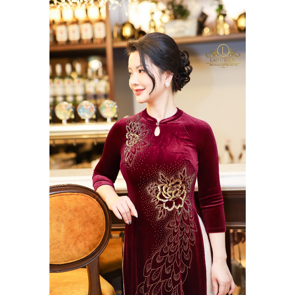 Áo Dài nhung cổ tàu giọt lệ đuôi công Ladyshop thời trang trung niên cao cấp T316