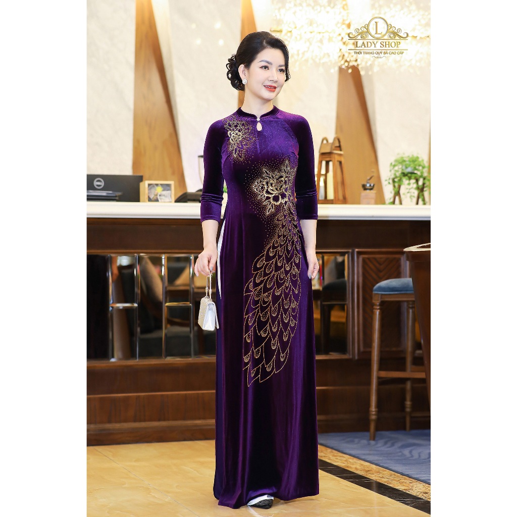 Áo Dài nhung cổ tàu giọt lệ đuôi công Ladyshop thời trang trung niên cao cấp T316