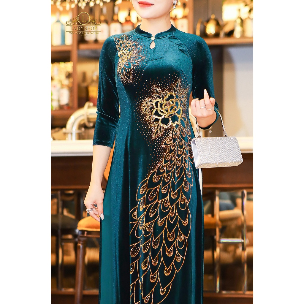 Áo Dài nhung cổ tàu giọt lệ đuôi công Ladyshop thời trang trung niên cao cấp T316