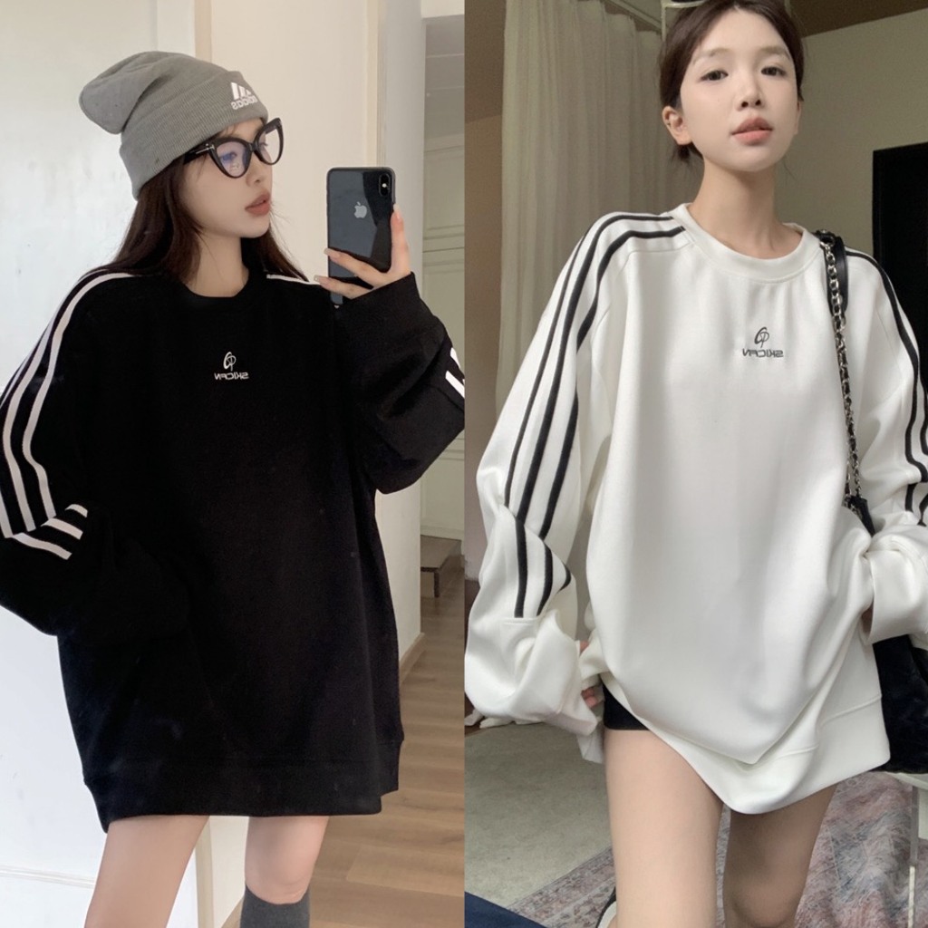 Áo Sweater Nỉ Nam Nữ Raplang 3 Sọc Tay Form Rộng Ulzzang