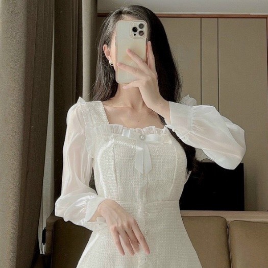 Váy dạ tweed đi chơi, váy retro chất vải mềm mại cao cấp