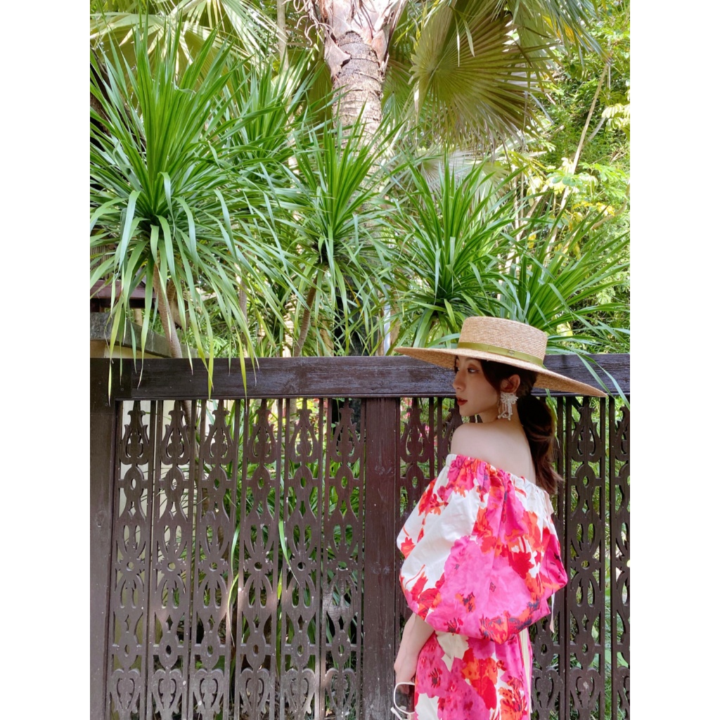 Váy maxi trễ vai hoạ tiết tông hồng sang chảnh - MS176