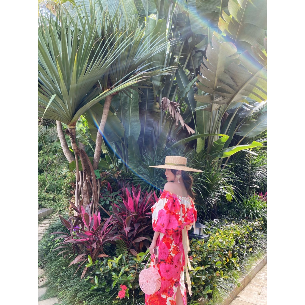 Váy maxi trễ vai hoạ tiết tông hồng sang chảnh - MS176