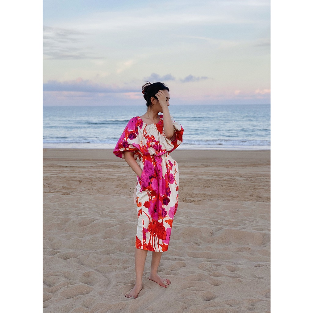 Váy maxi trễ vai hoạ tiết tông hồng sang chảnh - MS176