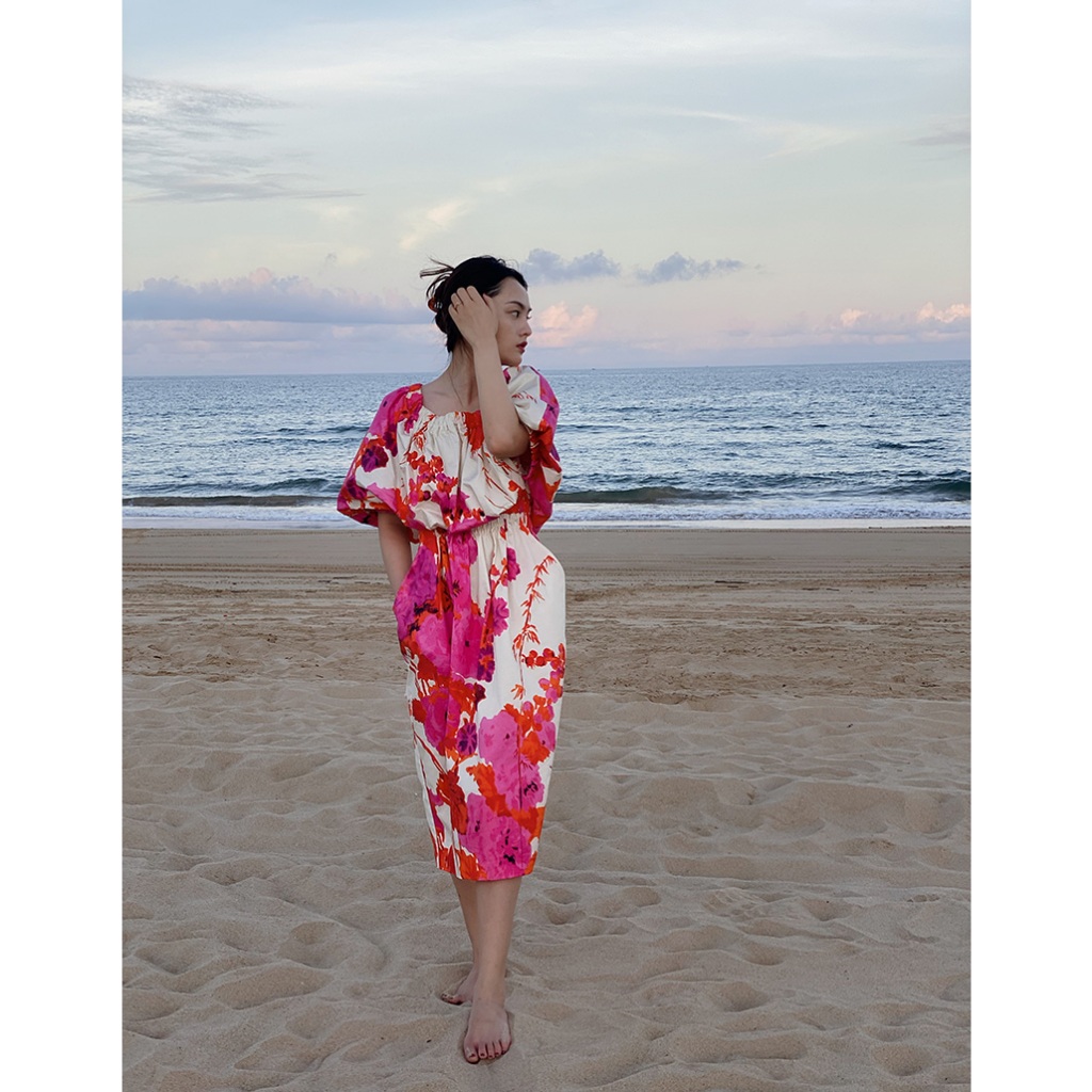 Váy maxi trễ vai hoạ tiết tông hồng sang chảnh - MS176